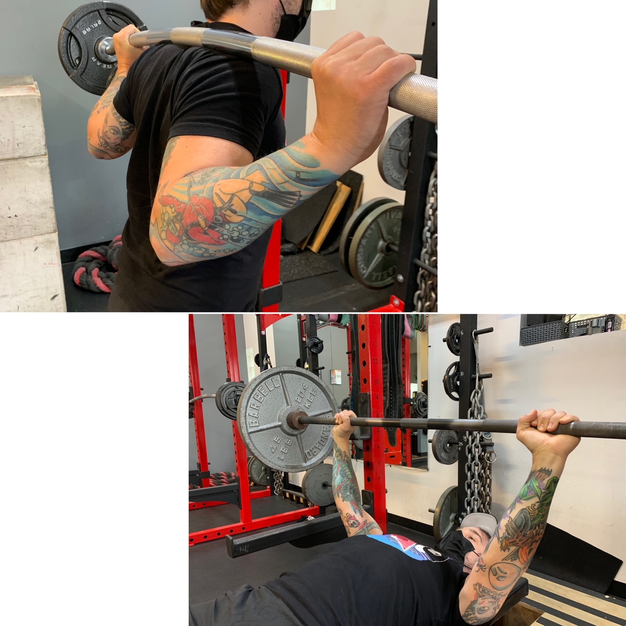 Handsome muscular man with tattoo pulls rubber bands in gym. Athlete  trains. Healthy lifestyle, fitness workout. Red background. - Stock Image -  Everypixel