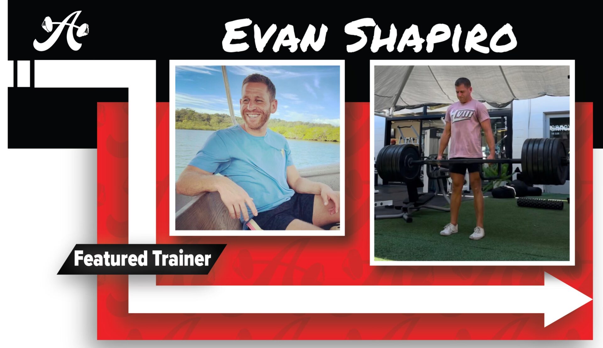 Featured Trainer Evan smiling on a boat and deadlifting a heavy trap bar