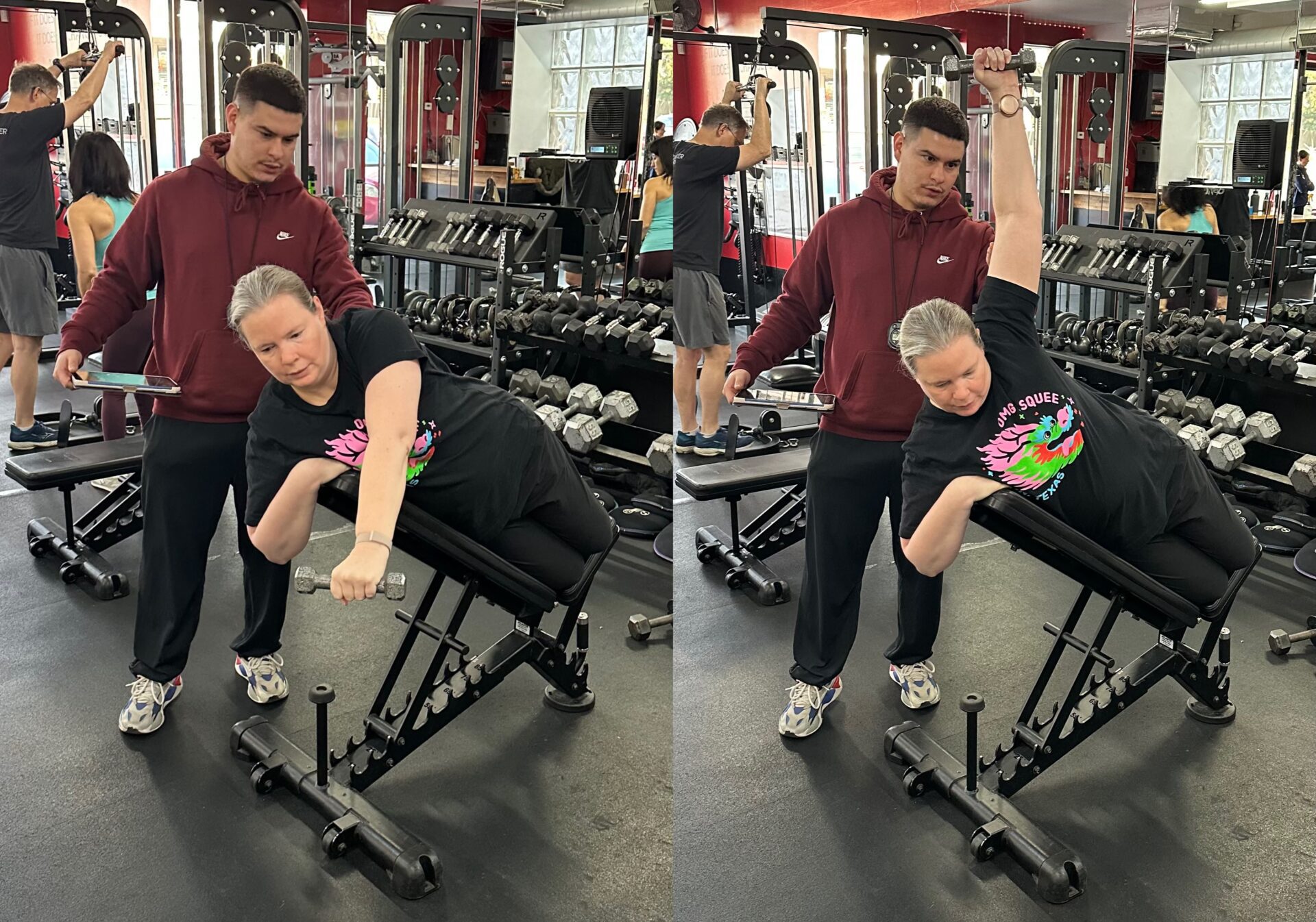 Shannon doing a dumbbell Powell raise