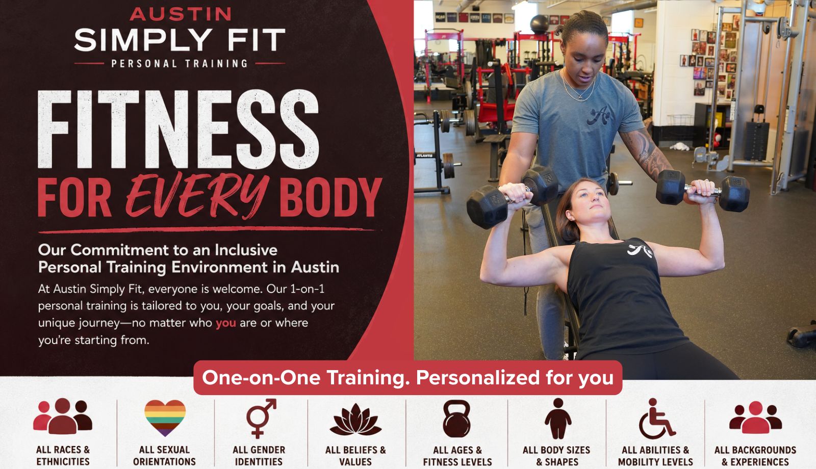 Graphic showing the inclusivity of training at Austin Simply Fit.