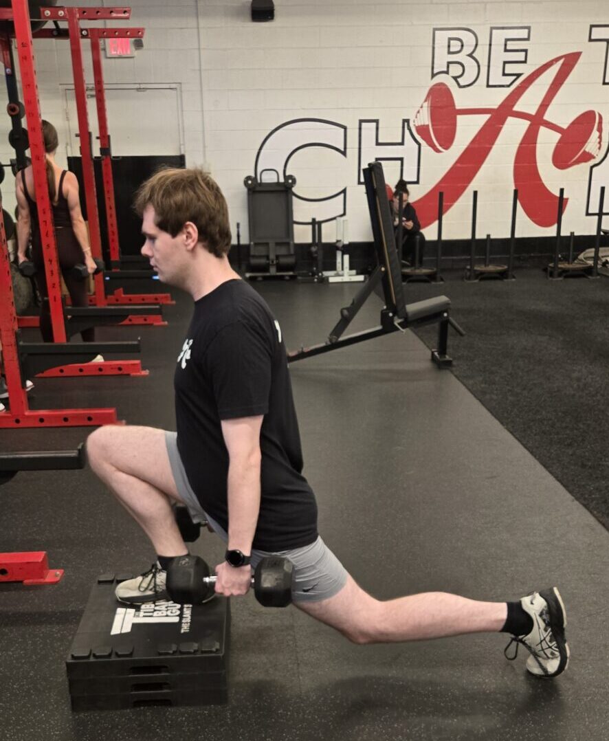 Client highlight Jacob doing a front foot elevated split squat
